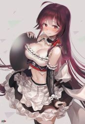 Rule 34 | 1girl, apron, blush, bow, breasts, cleavage, collarbone, cowboy shot, crop top, detached collar, detached sleeves, frills, frown, highres, holding, holding tray, holstered, kyjsogom, long hair, looking at viewer, maid, mole, mole on breast, mole under eye, navel, original, purple hair, red eyes, sidelocks, signature, skirt, smile, solo, tareme, thighhighs, tray, waist apron