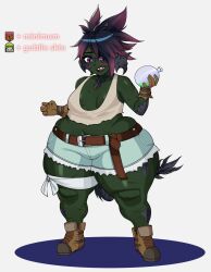 Rule 34 | 1girl, au ra, belt, breasts, colored skin, facial mark, female focus, female goblin, final fantasy, final fantasy xiv, gameplay mechanics, goblin, green skin, grey background, highres, implied transformation, midriff, pointy ears, potion, shadow, shortstack, small breasts, solo, standing, strongmoist, thick thighs, thighs, torn clothes, wide hips