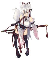 Rule 34 | 1girl, animal ear fluff, animal ears, black hair, black thighhighs, boots, breasts, colored eyelashes, fox ears, full body, holding, holding sword, holding weapon, large breasts, long hair, midriff, original, sakura inu, shorts, simple background, solo, sword, tabi, tagme, tattoo, thighhighs, torn clothes, underboob, very long hair, weapon, white background