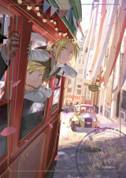 Rule 34 | 2boys, alphonse elric, blonde hair, brothers, car, city, closed mouth, collared shirt, commentary, day, edward elric, emmmerald, fullmetal alchemist, hair between eyes, long hair, long sleeves, looking at viewer, male focus, motor vehicle, multiple boys, outdoors, ponytail, postage stamp, road, shirt, siblings, smile, street, streetcar, vest, white shirt, yellow eyes