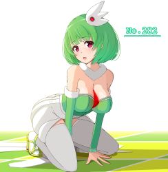 Rule 34 | 1girl, arm warmers, bad anatomy, bare shoulders, breasts, cleavage, creatures (company), detached sleeves, game freak, gardevoir, gen 3 pokemon, green hair, hair ornament, high heels, highres, jewelry, kneeling, large breasts, looking at viewer, mikaponcho, nintendo, open mouth, personification, pink eyes, pokemon, red eyes, ring, sandals, short hair, skirt, solo, thighhighs, white thighhighs
