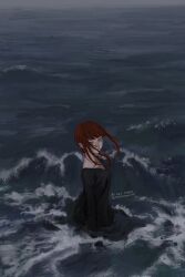 Rule 34 | 1girl, black dress, chainsaw man, dress, floating hair, foaming waves, highres, kamo (kamonegioisi), looking at viewer, looking back, makima (chainsaw man), medium hair, partially submerged, red hair, ringed eyes, solo, twitter username, waves, yellow eyes