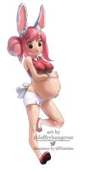 Rule 34 | 1girl, animal ears, bare shoulders, big belly, blush, breasts, brown eyes, rabbit ears, copyright request, fiz (fizintine), hands on own stomach, heart, heart in mouth, highres, jeffryhangover, large breasts, pink hair, pregnant, simple background, smile, solo, watermark