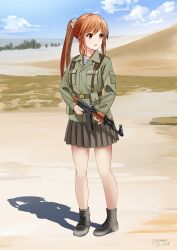 Rule 34 | 1girl, 2018, absurdres, ak-47, alternate color, ammunition pouch, assault rifle, belt, belt buckle, belt pouch, black footwear, blue shirt, blue sky, boots, brown belt, brown eyes, brown hair, buckle, cloud, collarbone, collared shirt, combat boots, commentary, dated, day, desert, full body, green shirt, grey skirt, gun, hair ornament, hair scrunchie, highres, holding, holding gun, holding weapon, kalashnikov rifle, landscape, long sleeves, looking to the side, military, military uniform, no socks, open collar, original, outdoors, parted lips, pleated skirt, pocket, ponytail, pouch, rifle, sand, scrunchie, shadow, shirt, sidelocks, signature, skirt, sky, soldier, solo, soviet, soviet sergeant, standing, striped clothes, striped shirt, telnyashka, two-tone shirt, undershirt, uniform, war in afghanistan, weapon, white scrunchie, white shirt