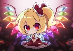 Rule 34 | 1girl, absurdres, blonde hair, blush, bow, chibi, dress, flandre scarlet, hair bow, highres, long hair, looking at viewer, misosiru 0224, open mouth, red dress, red eyes, reflective floor, short sleeves, side ponytail, sitting, solo, touhou, wings