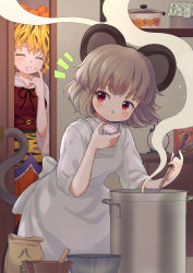 Rule 34 | 2girls, absurdres, animal ears, apron, blonde hair, blush, bowl, commentary request, cooking, closed eyes, grey hair, hair ornament, highres, iris anemone, kitchen scale, mouse ears, mouse tail, multiple girls, nazrin, notice lines, pestle, pot, red eyes, saliva, sleeves rolled up, smell, smile, tail, toramaru shou, touhou, weighing scale, white apron
