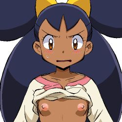 Rule 34 | 1girl, black hair, blush, breasts, brown eyes, clothes lift, creatures (company), dark-skinned female, dark skin, game freak, gomatarou (pixiv196136), iris (pokemon), jaggy lines, light areolae, long hair, lowres, nintendo, nipples, no bra, oekaki, open mouth, pokemon, pokemon (anime), pokemon bw, pokemon bw (anime), shirt lift, simple background, small breasts, solo, white background