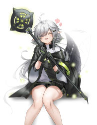Rule 34 | 1girl, absurdres, afterimage, ahoge, arknights, black gloves, black shorts, commission, crocodilian tail, d-pad, d-pad hair ornament, closed eyes, facing viewer, feet out of frame, flower, gloves, green jacket, grey hair, grey shirt, hair ornament, hairclip, highres, holding, holding staff, jacket, long hair, pointy ears, polyvora, shirt, shorts, simple background, sitting, smile, solo, staff, tail, tail wagging, thighs, tomimi (arknights), white background