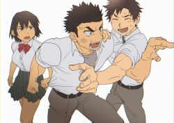 Rule 34 | 1girl, 2boys, anger vein, angry, belt, bow, breasts, brown hair, bruise, closed eyes, green necktie, injury, looking at another, multiple boys, muscular, muscular male, necktie, open mouth, original, pleated skirt, pointing, red bow, sagami jon, school uniform, shirt, short hair, short sleeves, simple background, skirt, sweatdrop, white background, white shirt