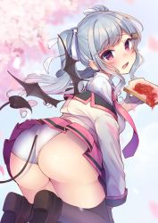 Rule 34 | 1girl, ass, black wings, blazer, blue hair, blurry, blurry background, blush, bread, bread slice, breasts, brown footwear, brown thighhighs, cat hair ornament, collared shirt, commentary request, demon girl, demon tail, demon wings, depth of field, fang, flower, food, hair ornament, hair ribbon, highres, holding, holding food, jacket, jam, kneeling, long hair, looking at viewer, looking back, moe2019, momoirone, necktie, off shoulder, open clothes, open jacket, open mouth, original, panties, pleated skirt, red eyes, red necktie, red skirt, ribbon, school uniform, shirt, shoe soles, shoes, sidelocks, skirt, small breasts, solo, tail, tail raised, thighhighs, transparent wings, twintails, underwear, very long hair, white flower, white jacket, white panties, white ribbon, white shirt, wings