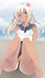 Rule 34 | 10s, 1girl, amai nekuta, bare legs, bare shoulders, barefoot, blonde hair, blue eyes, feet, female focus, foot focus, highres, kantai collection, lifebuoy, long hair, partially visible vulva, ro-500 (kancolle), school swimsuit, smile, soles, solo, swim ring, swimsuit, swimsuit under clothes, tan, tanline, toes
