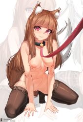 Rule 34 | 1girl, animal ears, bell, blunt bangs, breasts, brown hair, brown thighhighs, closed mouth, collar, full body, highres, holo, kneeling, leash, likunea, long hair, looking at viewer, medium breasts, multiple girls, navel, neck bell, nipples, nude, pussy juice, pussy juice puddle, red eyes, smile, spice and wolf, tail, thighhighs, viewer holding leash, wolf ears, wolf girl, wolf tail, zoom layer