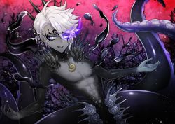 Rule 34 | 1boy, abs, azul ashengrotto, barnacle, blue eyes, colored skin, grey skin, ink, jewelry, kaito (collect mania), looking at viewer, male focus, monster boy, necklace, octopus boy, shell, shell necklace, short hair, silver hair, smile, solo, tentacles, twisted wonderland, underwater