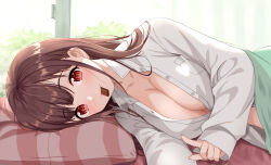 Rule 34 | 1girl, absurdres, blush, borrowed clothes, breasts, brown hair, chocolate, cleavage, collarbone, food, highres, holding, holding chocolate, holding food, idolmaster, idolmaster shiny colors, large breasts, looking at viewer, lying, mouth hold, naked shirt, on side, open clothes, open shirt, pointing, pointing at viewer, shirt, smile, solo, sonoda chiyoko, sorugi park, straight hair