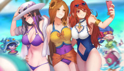 Rule 34 | 5girls, beach, bikini, breasts, caitlyn (league of legends), cellphone, cleavage, cleavage cutout, clothing cutout, day, eyewear on head, flower, hair flower, hair ornament, hat, large breasts, league of legends, leona (league of legends), lulu (league of legends), miss fortune (league of legends), multiple girls, navel cutout, one-piece swimsuit, orange hair, palm tree, pd (pdpdlv1), phone, pool party caitlyn, pool party leona, pool party lulu, pool party miss fortune, pool party zoe, purple hair, red hair, sarong, selfie, sunflower, sunflower hair ornament, sunglasses, swimsuit, tagme, tree, yordle, zoe (league of legends)