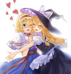Rule 34 | 2girls, ^ ^, alice margatroid, apron, backlighting, blonde hair, blue dress, blue eyes, blush, braid, capelet, cheek-to-cheek, closed eyes, dress, hair ribbon, hairband, hands on own chest, hat, hat ribbon, heads together, heart, imminent hug, kirisame marisa, lolita hairband, long hair, multiple girls, one eye closed, open mouth, outstretched arm, puffy short sleeves, puffy sleeves, ribbon, sash, short hair, short sleeves, simple background, single braid, skirt, skirt set, touhou, tress ribbon, vetina, waist apron, white background, witch hat, yuri