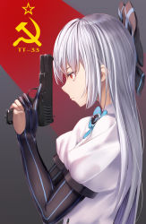 Rule 34 | 1girl, absurdres, banner, black bow, blue bow, blue stripes, bow, bowtie, brooch, buttons, character name, commentary request, dress, elbow gloves, eyelashes, from side, girls&#039; frontline, gloves, gun, hair bow, hammer and sickle, handgun, highres, holding, holding gun, holding weapon, jewelry, juliet sleeves, long hair, long sleeves, looking ahead, partially fingerless gloves, puffy sleeves, red eyes, short sleeves, solo, striped bow, striped clothes, striped gloves, takechii, tokarev (girls&#039; frontline), tokarev tt-33, trigger discipline, tsurime, upper body, vertical-striped clothes, vertical-striped gloves, very long hair, weapon, white dress, white hair