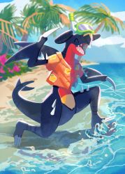 Rule 34 | :d, beach, claws, closed eyes, clothed pokemon, cloud, collared shirt, commentary, creatures (company), day, game freak, garchomp, garchomp (beach), gen 4 pokemon, goggles, goggles on head, happy, highres, kneeling, mo~zu, nintendo, no humans, open clothes, open mouth, open shirt, orange shirt, outdoors, palm tree, pokemon, pokemon (creature), pokemon unite, sand, sharp teeth, shirt, shore, short sleeves, sky, smile, snorkel, solo, spikes, symbol-only commentary, teeth, tongue, tree, water, |d