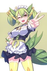 Rule 34 | 1girl, apron, breasts, dragon girl, dragon horns, dragon tail, dragon wings, dress, duel monster, green hair, green horns, green tail, green wings, highres, horns, lace-trimmed apron, lace trim, large breasts, long hair, looking at viewer, maid, maid apron, maid headdress, one eye closed, open mouth, parlor dragonmaid, puffy sleeves, short sleeves, solo, tail, takkayuuki, thighhighs, v, wings, yellow eyes, yu-gi-oh!