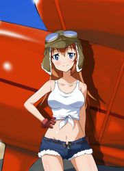 Rule 34 | 1girl, belt, blue eyes, charlotte e. yeager, cutoffs, front-tie top, gloves, goggles, goggles on head, hand on own hip, hat, highres, hip focus, navel, orange hair, shiny skin, shirt, shorts, smile, solo, strike witches, tank top, tied shirt, world witches series, yumekaranigeruna