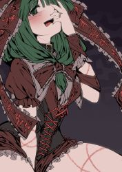 Rule 34 | 1girl, adapted costume, bad id, bad pixiv id, between legs, blush, corset, dress, female focus, frills, front ponytail, geppewi, green eyes, green hair, hair ribbon, hand on own face, kagiyama hina, looking at viewer, matching hair/eyes, open mouth, red dress, red skirt, ribbon, scar, simple background, skirt, smile, solo, tongue, tongue out, touhou