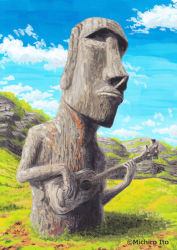 Rule 34 | artist name, bad id, bad pixiv id, bass guitar, cloud, day, easter island, grass, instrument, itou michirou, moai, music, no humans, original, playing instrument, sky, statue