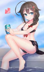 Rule 34 | 10s, 1girl, adapted costume, ahoge, bare legs, barefoot, bikini, black bikini, blue eyes, blue sky, blush, bow, braid, breasts, brown hair, cleavage, closed mouth, collarbone, day, doyouwantto, hair bow, hair flaps, hair ornament, hair over shoulder, hairpin, heart, kantai collection, knee up, long hair, looking at viewer, medium breasts, navel, outdoors, pool, poolside, puddle, red bow, sarong, shigure (kancolle), shigure kai ni (kancolle), shiny skin, single braid, sitting, sky, smile, soaking feet, solo, stomach, swimsuit, water, water drop