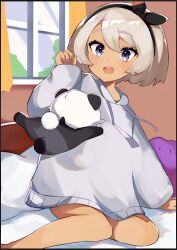 Rule 34 | 1girl, :d, alternate costume, arm support, bea (pokemon), black hairband, blonde hair, bow hairband, commentary request, creatures (company), curtains, eyelashes, game freak, gen 6 pokemon, grey eyes, grey sweater, hairband, hand up, highres, indoors, long sleeves, makili wakw, nintendo, on bed, open mouth, pancham, pillow, pokemon, pokemon (creature), pokemon swsh, short hair, sitting, smile, sweater, teeth, tongue, upper teeth only, window