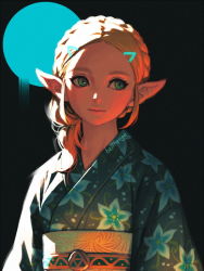 Rule 34 | 1girl, alternate hair length, alternate hairstyle, artist name, bellhenge, black background, blonde hair, blue eyes, blue kimono, blush, braid, closed mouth, commentary, crown braid, english commentary, floral print, forehead, hair ornament, hairclip, japanese clothes, kimono, lips, looking to the side, medium hair, nintendo, obi, parted bangs, pointy ears, princess zelda, sash, silent princess, simple background, smile, solo, the legend of zelda, the legend of zelda: breath of the wild, the legend of zelda: tears of the kingdom, triforce print, upper body