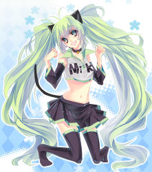 Rule 34 | animal ears, bad id, bad pixiv id, cat ears, cat tail, collar, detached sleeves, full body, green eyes, green hair, hatsune miku, highres, kneeling, long hair, midriff, skirt, solo, tail, thighhighs, twintails, very long hair, vocaloid, yu (bkks)