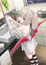 Rule 34 | 1girl, absurdres, ahoge, bare shoulders, bathroom, black socks, blush, commentary request, fang, grey hair, heart, heart-shaped pupils, highres, indoors, kneehighs, lalu (pixiv3307500), long hair, looking at viewer, makaino ririmu, mirror, multicolored hair, nijisanji, open mouth, pointy ears, red eyes, shirt, sink, skin fang, sleeves pushed up, smile, socks, solo, symbol-shaped pupils, tongue, tongue out, toothbrush, towel, twintails, virtual youtuber, white shirt, white socks, wings