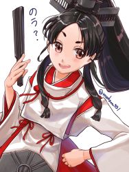 Rule 34 | 1girl, black hair, blush, brown eyes, folding fan, hair tie, hakama, hakama skirt, hand fan, headgear, high ponytail, highres, holding, holding fan, japanese clothes, kantai collection, kariginu, long hair, long sleeves, looking at viewer, medara, nisshin (kancolle), open mouth, red hakama, red ribbon, ribbon, short eyebrows, sidelocks, simple background, skirt, solo, thick eyebrows, traditional media, twitter username, upper body, very long hair, white background, wide sleeves