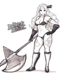 Rule 34 | 1girl, amazon (dragon&#039;s crown), amazon warrior, armor, axe, big hair, bikini armor, boots, breasts, circlet, closed mouth, contrapposto, copyright name, dragon&#039;s crown, full body, gloves, hand on own hip, highres, holding, holding axe, holding weapon, huge weapon, knee boots, lamb-oic029, long hair, looking at viewer, medium breasts, navel, simple background, solo, thighs, toned, weapon, white background