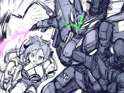 Rule 34 | 1girl, az sainklaus, beam saber, breasts, cleavage, cockpit, glowing, glowing eyes, green eyes, highres, holding, holding sword, holding weapon, huckebein 30th, kenpi (hs-totyu), mecha, medium breasts, open hand, open mouth, robot, science fiction, sketch, skindentation, skirt, super robot wars, super robot wars 30, sword, thighhighs, twintails, v-fin, v-shaped eyebrows, weapon