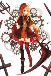 Rule 34 | 1girl, absurdres, bad id, bad pixiv id, blonde hair, braid, capelet, commentary request, dress, full body, highres, holding, holding scythe, holding weapon, iceblue, long hair, long sleeves, original, red eyes, scythe, solo, thighhighs, weapon