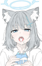 Rule 34 | 1girl, animal ear fluff, animal ears, blue archive, blue eyes, blue halo, blush, collared shirt, commentary, cross, cross hair ornament, earrings, extra ears, grey hair, hair ornament, halo, highres, holding, inverted cross, jewelry, looking at viewer, masabodo, milk, mismatched pupils, open mouth, revision, sexually suggestive, shiroko (blue archive), shirt, short hair, simple background, solo, stud earrings, symbol-only commentary, teeth, upper body, upper teeth only, white background, white shirt, wolf ears, wolf girl