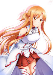 Rule 34 | 1girl, armor, arms behind back, asuna (sao), asymmetrical bangs, bare shoulders, belt, braid, breastplate, breasts, brown eyes, brown hair, closed mouth, detached sleeves, dress, fantasy, feet out of frame, highres, ken-ji, leaning forward, light blush, long hair, long sleeves, looking at viewer, miniskirt, pleated skirt, red skirt, short ponytail, signature, skirt, sleeveless, sleeveless dress, smile, solo, sword art online, thighhighs, thighs, twitter username, very long hair, white armor, white background, white belt, white dress, white sleeves, white thighhighs, zettai ryouiki