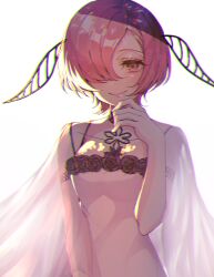 Rule 34 | 1girl, absurdres, azetsuraito, black flower, black rose, blush, breasts, cleavage, collarbone, commentary request, dress, eyelashes, flower, hair ornament, hair over one eye, hand up, highres, jack jeanne, jewelry, looking at viewer, pink hair, pink lips, rose, see-through, see-through sleeves, short hair, smile, solo, tachibana kisa, upper body, white background, white dress, yellow eyes