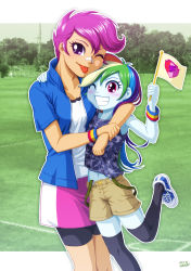 Rule 34 | 2girls, age difference, aged down, aged up, blue skin, colored skin, flag, highres, hug, long hair, multicolored hair, multiple girls, my little pony, my little pony: equestria girls, my little pony: friendship is magic, navel, one eye closed, orange skin, personification, purple eyes, purple hair, rainbow dash, rainbow hair, red eyes, scootaloo, short hair, thighhighs, tongue, tongue out, uotapo, wink