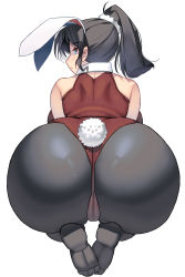 Rule 34 | 1girl, absurdres, animal ears, ass, ass focus, bare shoulders, black hair, blue eyes, cameltoe, fake animal ears, fake tail, from behind, highres, huge ass, kouno (masao), leotard, long hair, looking at viewer, looking back, original, pantyhose, playboy bunny, ponytail, rabbit tail, solo, tail, white background