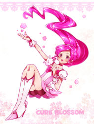 Rule 34 | 10s, 1girl, blush, boots, character name, cure blossom, dress, earrings, english text, eyelashes, hair down, hanasaki tsubomi, happy, heartcatch precure!, high heel boots, high heels, jewelry, kagami chihiro, knee boots, kneehighs, long hair, looking afar, magical girl, open mouth, pink dress, pink eyes, pink hair, precure, puffy sleeves, ribbon, smile, socks, solo, very long hair, wrist cuffs