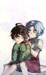 Rule 34 | 1boy, 1girl, black shorts, blue eyes, blue hair, brown eyes, brown hair, child, closed mouth, collared shirt, enomoto noa, fengtian (artist), green shirt, grey shirt, highres, isoi haruki, light blue hair, male focus, parted bangs, puffy short sleeves, puffy sleeves, red ribbon, red skirt, ribbon, saibou shinkyoku, shirt, short hair, short sleeves, shorts, sitting, sitting on lap, sitting on person, skirt, sleeves past wrists, smile, sweat