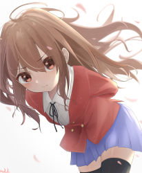 Rule 34 | 1girl, absurdres, aisaka taiga, arms behind back, black ribbon, black thighhighs, blazer, blue skirt, blurry, blurry background, brown eyes, brown hair, buttons, closed mouth, collared shirt, commentary, double-breasted, harurunoe, highres, jacket, leaning forward, long hair, long sleeves, neck ribbon, oohashi high school uniform, petals, red jacket, ribbon, school uniform, shirt, signature, skirt, thighhighs, toradora!, very long hair, white background, white shirt, zettai ryouiki