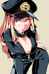 Rule 34 | 10s, 1girl, bodysuit, boku no hero academia, breasts, brown eyes, choker, cleavage, cowboy shot, eyelashes, gokuu (acoloredpencil), half-closed eyes, hand on own hip, hat, highres, large breasts, leaning forward, lips, long hair, long sleeves, looking at viewer, open bodysuit, open clothes, parted lips, police hat, solo, unzipped, utsushimi kemii