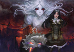 Rule 34 | 1girl, alice: madness returns, alice (alice in wonderland), alice in wonderland, alice liddell (american mcgee&#039;s alice), american mcgee&#039;s alice, american mcgee's alice, black hair, blood, bloody tears, buckle, colored sclera, corset, dress, dual persona, heart, highres, pantyhose, red eyes, red sclera, striped clothes, striped pantyhose, teddy yang, venus symbol, weapon, white hair, xiaji
