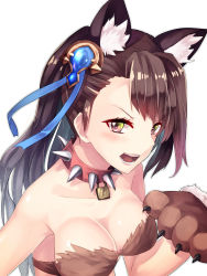 Rule 34 | 10s, 1girl, animal ears, animal hands, bad id, bad pixiv id, bandeau, bare shoulders, beatrix (granblue fantasy), blue ribbon, breasts, brown eyes, brown hair, cleavage, collar, collarbone, erune, eyebrows, fangs, from above, gloves, granblue fantasy, green eyes, hair ornament, hair ribbon, heart, highres, large breasts, lock, long hair, looking at viewer, open mouth, padlock, paw gloves, ponytail, ribbon, saraki, solo, spiked collar, spikes, strapless, upper body, white background