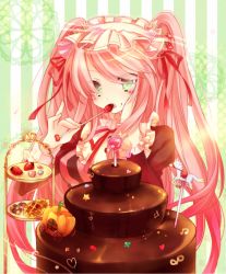 Rule 34 | 1girl, bad id, bad pixiv id, cake, cake decoration, candy, carriage, checkerboard cookie, chocolate, chocolate cake, cookie, food, fruit, green background, ibara riato, lollipop, long hair, original, pink hair, solo, strawberry, sweets, twintails, very long hair, waffle