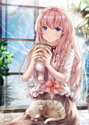 Rule 34 | 1girl, animal, blue eyes, blue nails, blurry, blurry foreground, blush, bow, braid, breasts, brown hair, brown skirt, cat, coffee cup, commentary request, cup, depth of field, disposable cup, fingernails, hair between eyes, hair bow, highres, holding, holding cup, indoors, long hair, medium breasts, mutang, nail polish, original, rainbow, red bow, shirt, short sleeves, side braid, single braid, skirt, solo, very long hair, white shirt, window