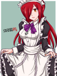Rule 34 | 1girl, absurdres, alternate costume, apron, ascot, cross, cross necklace, frilled apron, frills, green background, hamu agaki, highres, jewelry, juliet sleeves, long hair, long sleeves, maid, maid headdress, necklace, parasoul (skullgirls), puffy sleeves, red hair, skullgirls, solo, yellow eyes, yellow nails