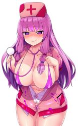 Rule 34 | 1girl, bikini, bikini top only, blunt bangs, blush, breasts, chiroshiron, cleavage, closed mouth, collarbone, cowboy shot, curvy, dress, hat, highres, holding, large breasts, legs together, long hair, looking at viewer, navel, nurse cap, open clothes, open dress, patchouli knowledge, pink dress, puffy short sleeves, puffy sleeves, purple bikini, purple eyes, purple hair, raised eyebrows, shiny skin, short sleeves, simple background, smile, solo, standing, stethoscope, sweat, swimsuit, thighs, touhou, white background, wide hips